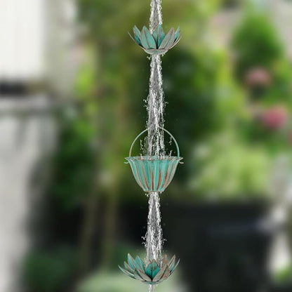 10.4FT Lotus Rain Chains for Outside, Rain Gutter Chain with 16 Cups, Adjustable Rain Catcher Chain for Eaves Drainage, Replacement for Downspout