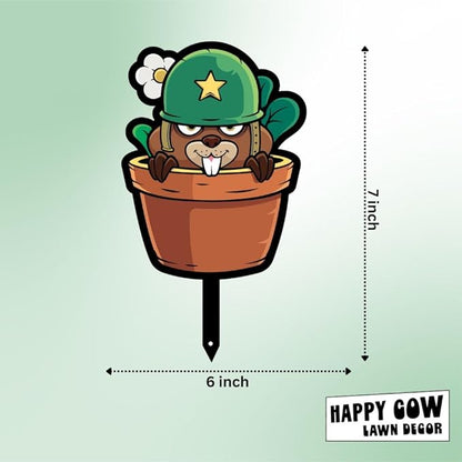 Garden Outdoor Small Metal Art 7"x 6" Weather Resistant Lawn Ornaments Sturdy Stakes Yard Sign Decoration for Patio (Beaver with Army Helmet)