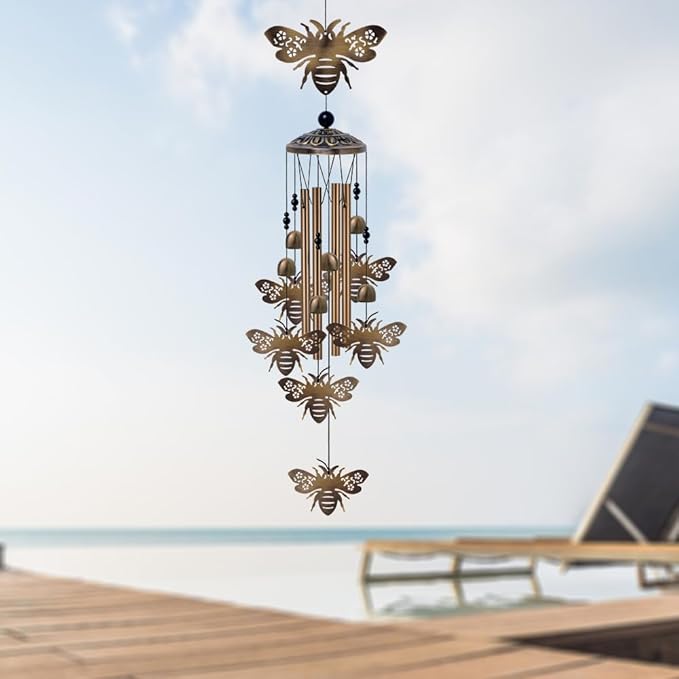 Outdoor Bees Wind Chimes Gifts for Mom - Bronze Memorial Wind Bells, Mobile Sympathy Wind Catcher, Romantic Bee Decor, 7 Bees Windchimes for Home, Balcony, Tree, Garden Festival Hanging Decoration