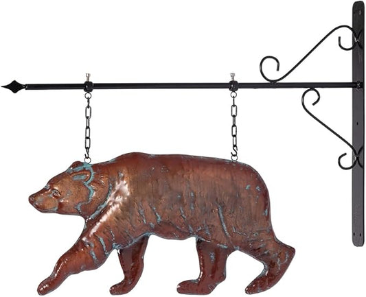 Bear Statue Outdoor Haning Decor for Yard and Garden,27“L x 22”H Vintage Grizzly Garden Statues and Sculptures with Arrow & Bracket,Antique Copper Walking Bear Metal Yard Art for Outside Porch
