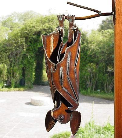 Modern Artisans Hanging Metal Garden Bat Sculpture, American Handmade: Open Wings, Facing Left in Rusty Brown