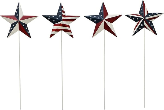 K KILIPES 15.75" H Metal Star Barn Patriotic Garden Stakes, 4pcs Rustic US Flag Star Metal Plant Stick Yard Art Ornament for Memorial Day 4th of July Veterans Day Election Day Decoration