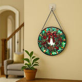 Stained Glass Window Hanging - 7.8in Christmas Wreath with Red Bow, Pine Cones, Berries Sun Catchers Panel for Indoor Decorative Display for Mom, Wife, Lovers, Festive