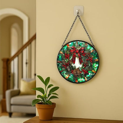 Stained Glass Window Hanging - 7.8in Christmas Wreath with Red Bow, Pine Cones, Berries Sun Catchers Panel for Indoor Decorative Display for Mom, Wife, Lovers, Festive