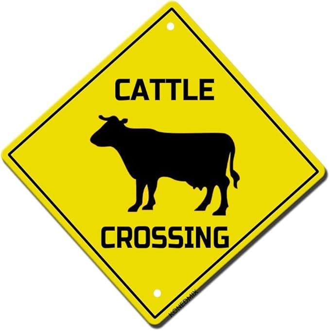 Cattle Crossing Sign Funny Novelty Metal Tin Sign for Bar Club Country Home Coffee Shop Indoor& Outdoor Decor Yellow Street Sign 12X12inch