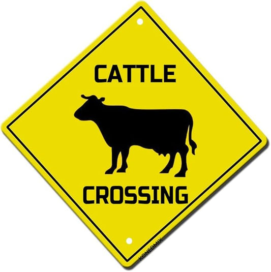 Cattle Crossing Sign Funny Novelty Metal Tin Sign for Bar Club Country Home Coffee Shop Indoor& Outdoor Decor Yellow Street Sign 12X12inch