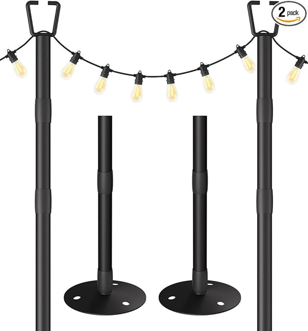 2 Pack 10FT String Light Poles for Outdoor Decor, Sturdy Light Pole with Hard Ground Base, Adjustable Metal Light Posts for Outside Patio, Backyard, Deck, Garden, Party, Wedding
