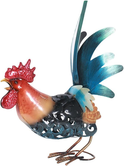16.5" Whimsical Metal Rooster Garden Statue, Handmade Morning Crowing Rooster Sculpture with Green Tail Feathers, Rust-Resistant Iron Art for Yard, Farmhouse, Kitchen & Outdoor Decor