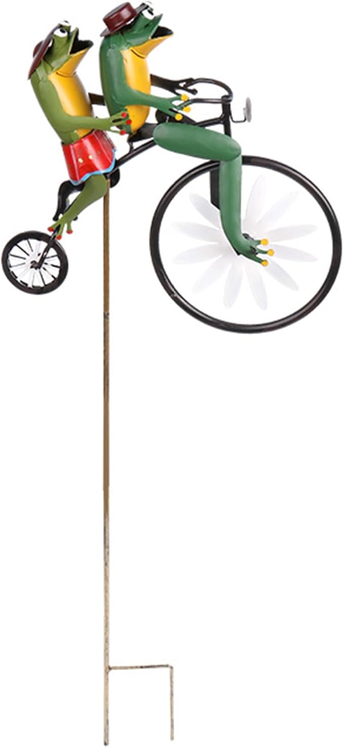 Wind Spinners for Garden, Vintage Metal Wind Spinner Frogs on a Bike Windmill Garden Ornament 3D Animal on Bike Sculptures for Yard Lawn Decor