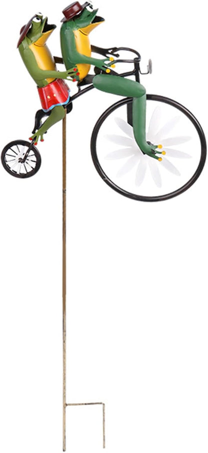 Wind Spinners for Garden, Vintage Metal Wind Spinner Frogs on a Bike Windmill Garden Ornament 3D Animal on Bike Sculptures for Yard Lawn Decor