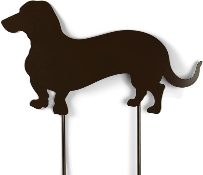Pets and Farm Animals Metal Garden Landscape Stake (15" Wide Wiener Dog on Two Short Stakes, Gloss Brown)