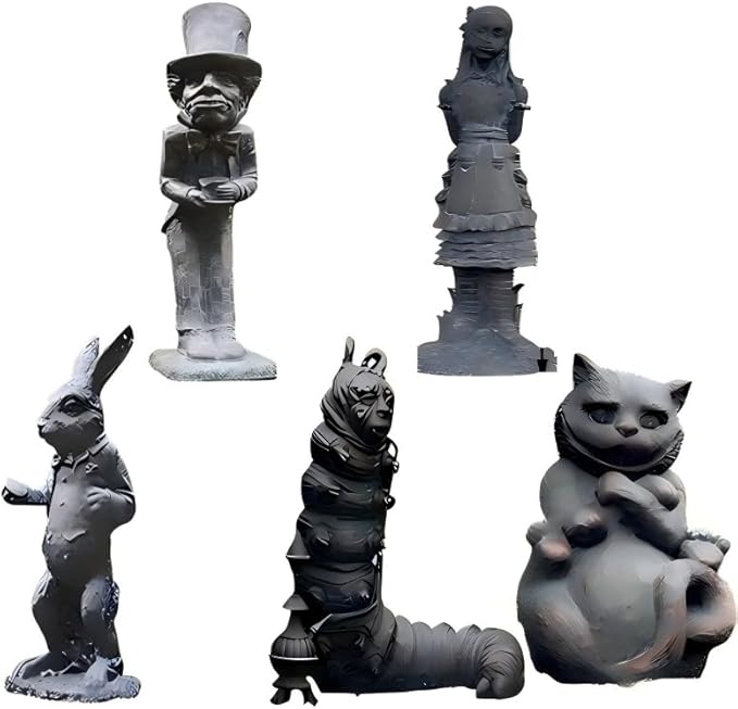 5PCS Alice in Wonderland Garden Decor Statue Set - Wonderland-Like Garden Decoration Fairy with Hand Cast Stone Resin for Indoor Outdoor Garden Patio Lawn Yard