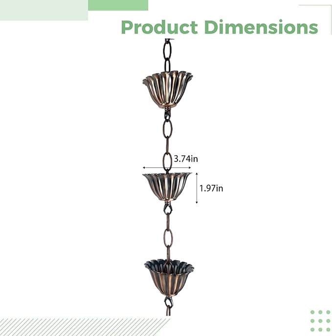 Decorative 3.3 Ft Rain Chain with Lotus Cups, Vintage Copper Alloy for Outdoor Gutter Systems, Unique Courtyard and Villa Solution