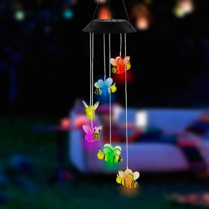 MorTime LED Solar Bee Wind Chime, 25" Mobile Hanging Wind Chime for Home Garden Decoration, Automatic Light Changing Color(Honeybee)