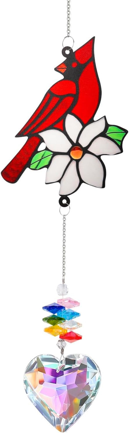 Red Cardinal Bird Window Sun Catcher – Valentines Day Handmade Bird Lover Window Hanging Décor with Suction Cups for Home & Garden - Memorial Cardinal Gifts for Women, Mom,Grandma (A)