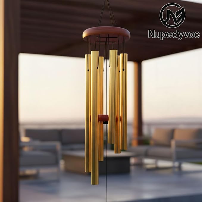 32” Large Golden Aluminum Wind Chimes with Brown Wooden Cap for Outside, Deep Tone Outdoor Garden Patio Weather Resistant Metal Decor, Ideal Gift for Birthday, Mother's Day, Meditation, Relaxation