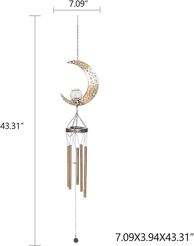 Asense Moon Wind Chimes with Crackle Glass Ball Solar Powered LED Lights, Outdoor Garden Decor, Lawn Yard Patio Decoration, Unique Hanging Decor Gifts