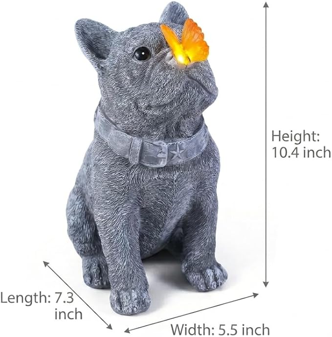 Solar French Bulldog Garden Statue with Butterfly, Outdoor Frenchie Sculpture Decor for Patio, Yard & Lawn, Unique French Bulldog Gifts & Dog Memorial Statue,10 Inch, Resin (Grey Stone)