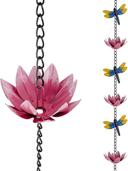 10ft Lotus Rain Chains for Outside, 12-Cup Rain Chain Replacement Downspout for Gutters,Eaves, Drainage, Adjustable Length(Pink)