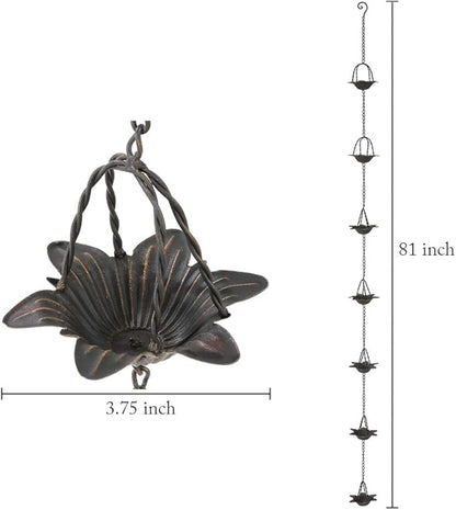 Jemeni 6.5 Feet Metal Rain Chain, Rain Chains for Gutters with 7 Cups, Lily Flower Style, Bronze