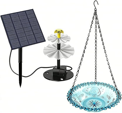 Solar Hanging Bird Bath Fountain - 9 Spray Heads,10FT Cord, 9.3" Blue Bowl with 16'' Metal Chain, Solar Powered Cascading Bubbler for Outdoor Deck, Patio, Yard, Lawn, Attracts Hummingbirds