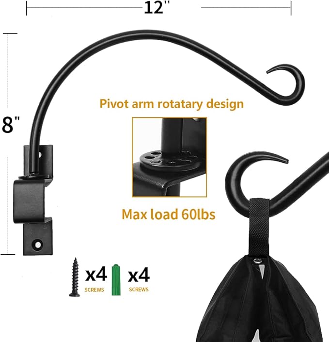 Maosen 12 Inches Swivel Plant Hangers Outdoor - 2 Pack Black Iron Plant Hanging Hook Bracket for Flowers Baskets Planter Pots Bird Feeder Lanterns Wind Chimes