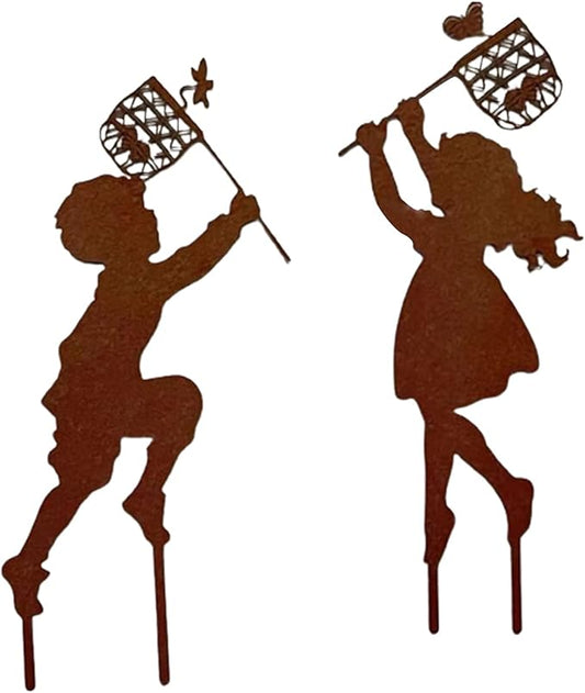 Iron Children Chasing Butterfly Statues Rustic Kids Silhouette Garden Yard Stakes Art Patio Porch Lawn Ornaments (2pcs Boy Girl)