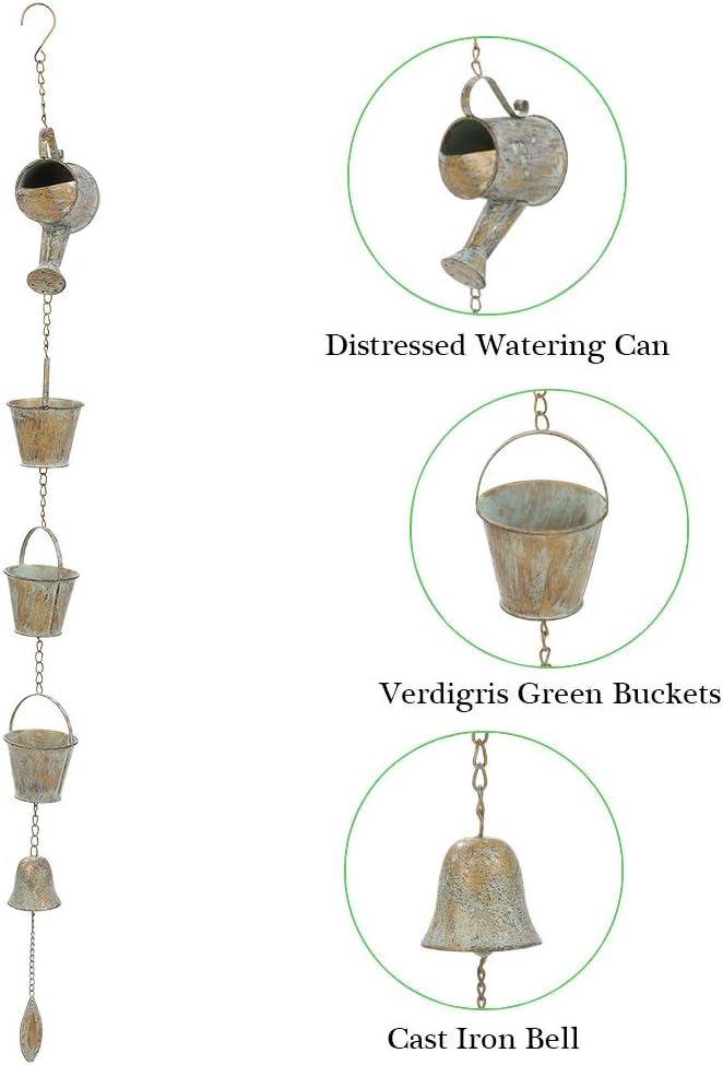Jemeni 47" Outdoor Rain Chime & Garden Rain Bell Chime - Decorative Hanging Metal Watering Can with Buckets, Rustic Farmhouse Patio, Pergola & Backyard Decor