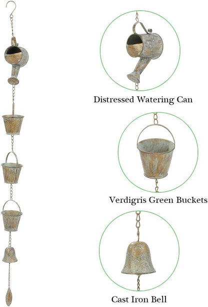Jemeni 47" Outdoor Rain Chime & Garden Rain Bell Chime - Decorative Hanging Metal Watering Can with Buckets, Rustic Farmhouse Patio, Pergola & Backyard Decor