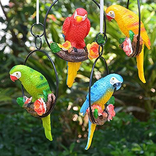 Mini Garden Statues Hanging Iron Ring Parrots, Resin Parrot Hanging Statue, Hanging Birds Figurine for Pathways Yard Patio Office Home Indoor Outdoor Tree Decorations (A-1)