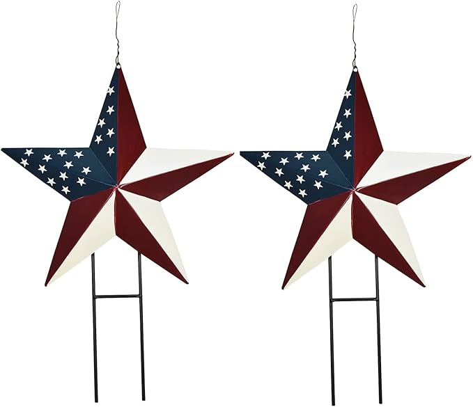 Linfevisi American Flag Star Yard Signs 17.7 Inch 2 Pack of Metal Patriotic Barn Stars Garden Stakes US Flag Outdoor 4th of July Decorations Memorial Day Yard Art Lawn Ornaments Patio for Outside