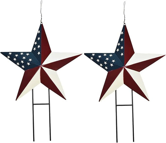 Linfevisi American Flag Star Yard Signs 17.7 Inch 2 Pack of Metal Patriotic Barn Stars Garden Stakes US Flag Outdoor 4th of July Decorations Memorial Day Yard Art Lawn Ornaments Patio for Outside
