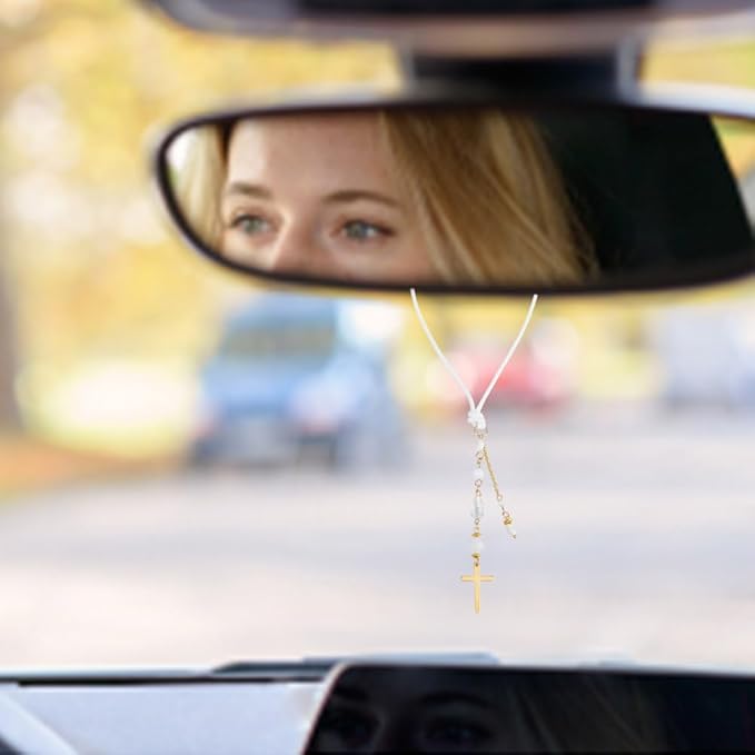 Cross Hanging Car Mirror Ornament Glass Crystal Bead Charm Suncatcher Car Mirror Pendant Accessories Good Luck Keychain for Bag Window Car Mirror Door Garden Balcony Home Decoration