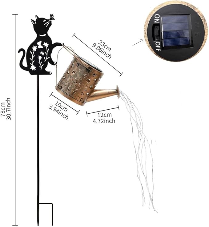 Solar-Powered Cat Watering Can Projection Lights with Metal Cat Statue Silhouette Pillar Garden Feature Light, for Christmas, Mother's Day, Birthday Gifts, Garden, Lawn, Courtyard Decorations.