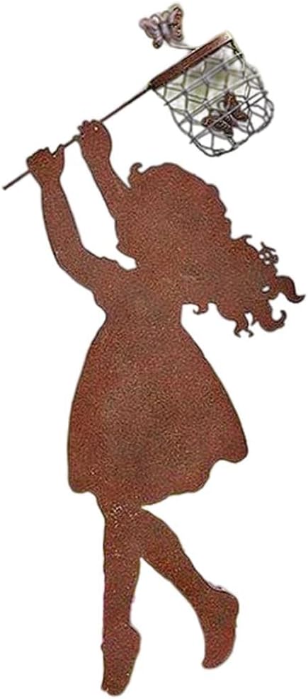 Iron Metal Weatherproof Butterfly Standing Silhouette Art Sculpture Statue for Garden, Girl