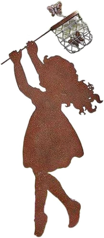 Iron Metal Weatherproof Butterfly Standing Silhouette Art Sculpture Statue for Garden, Girl