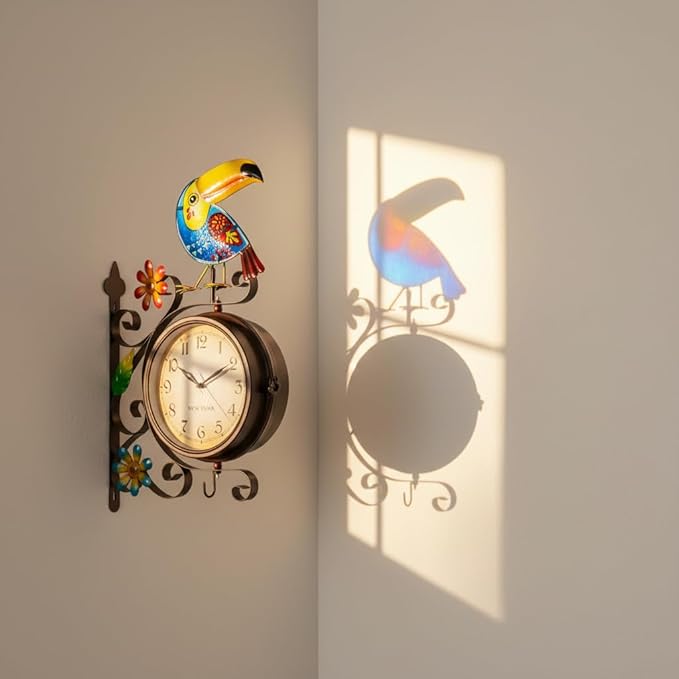 Vintage Indoor Outdoor Clock - Silent Non-Ticking, Double Sided Wall Clock with Toucan Decor Waterproof for Garden, Patio, Yard, Farmhouse, Home Décor (Blue)