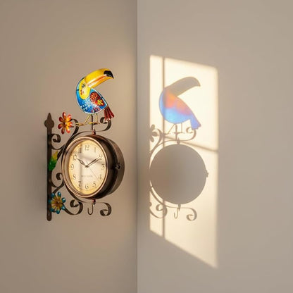 Vintage Indoor Outdoor Clock - Silent Non-Ticking, Double Sided Wall Clock with Toucan Decor Waterproof for Garden, Patio, Yard, Farmhouse, Home Décor (Blue)
