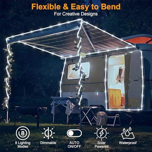 66FT 200LED Solar Rope Lights - White Waterproof, 8 Modes