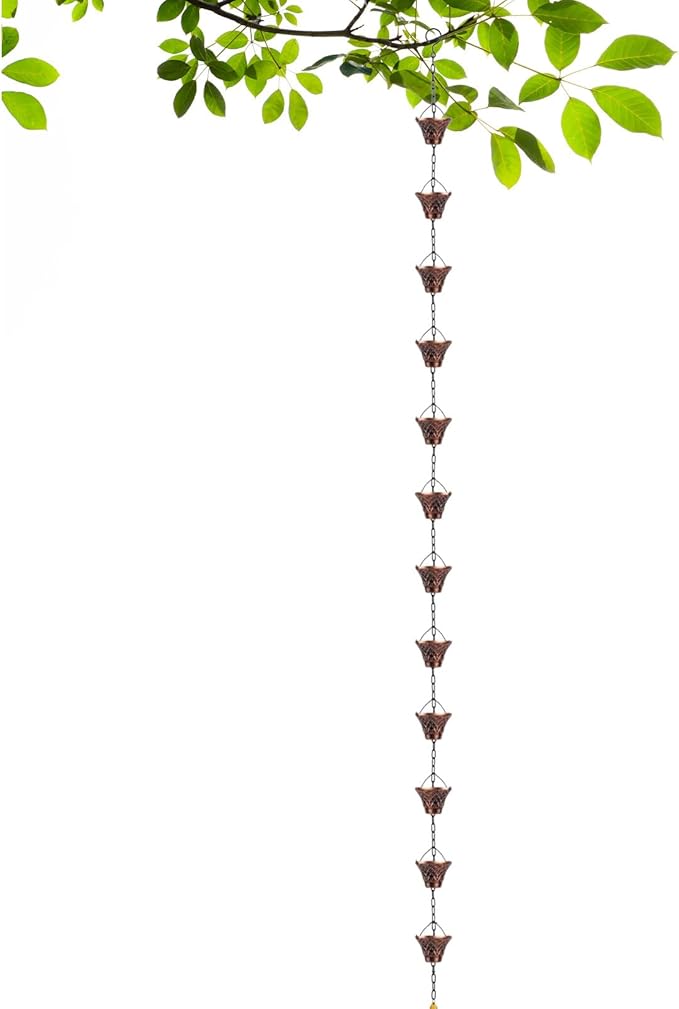 Pure Copper Garden Rain Chain 9FT Decorative Downspout Extension with 12 Cups for Roof Garden Gazebo Drainage Water Flow Outdoor Home Decor