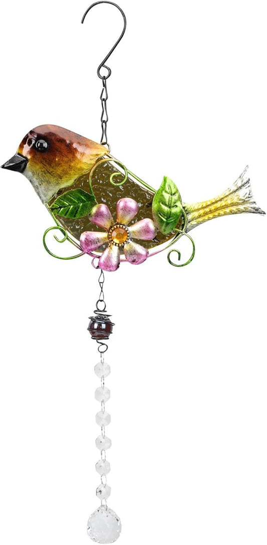 Wrought Iron Crystal Garden Hanging Ornament with Yellow Bird Pendant for Patio and Window Sun Outdoor Décor