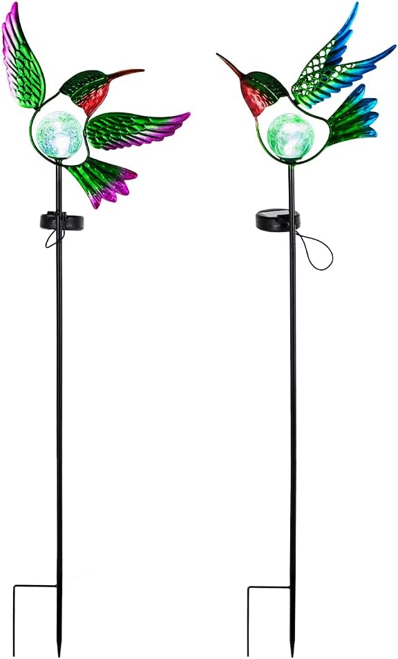 Hummingbird Solar Garden Lights with Stake 2 Pack,Bird Pathway Solar Outdoor Crackle Glass Globe Light for Garden,Walkway,Pathway,Yard,Lawn