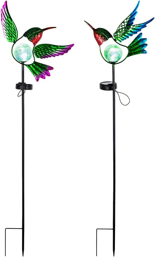 Hummingbird Solar Garden Lights with Stake 2 Pack,Bird Pathway Solar Outdoor Crackle Glass Globe Light for Garden,Walkway,Pathway,Yard,Lawn
