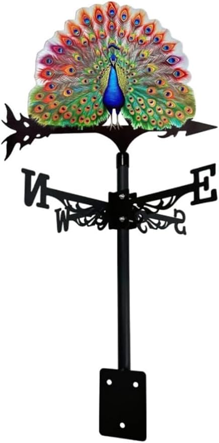 Colorful Red-Crowned Crane Weather Vane Metal Peacock Rooftop Weathervane Iron Wind Direction Indicator Garden Statue Yard Decor Lawn Ornament (Peacock Spreading) Peacock Spreading
