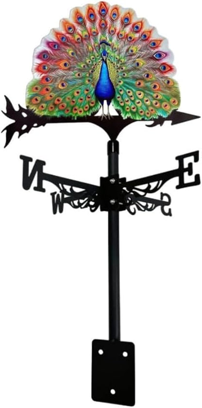 Colorful Red-Crowned Crane Weather Vane Metal Peacock Rooftop Weathervane Iron Wind Direction Indicator Garden Statue Yard Decor Lawn Ornament (Peacock Spreading) Peacock Spreading
