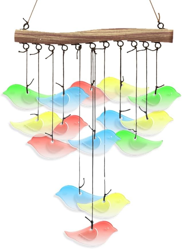 CUTHOLLOW Bird Glass Wind Chimes, 23" Stained Glass Chimes, Handmade Art Glass Windchimes for Outside, Garden, Patio, Balcony, Home, Yard, Best Gift for Xmas Birthday, Spring, Summer