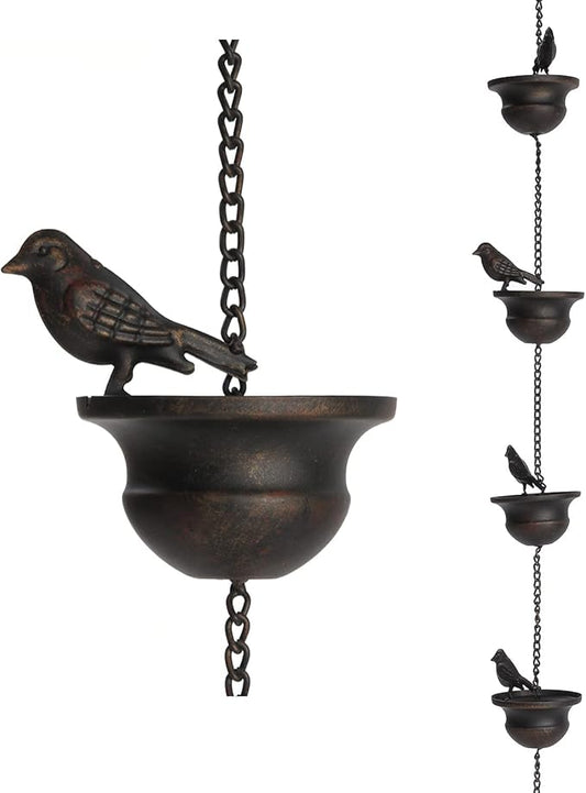 Jemeni 8.5 Feet Metal Bird Rain Chain, Decorative & Functional Rain Chains for Gutters for Patio/Garden, Dark Bronze