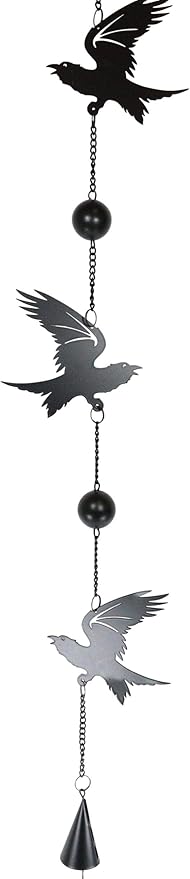 Ebros Harbinger of Doom Raven Crow Black Coated Steel Metal Wall Hanging Wind Chime with Beads Home and Patio Decor Bad Omen Macabre Edgar Poe Ravens Mobile Noisemaker