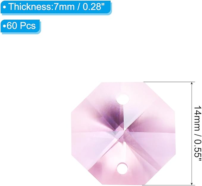 PATIKIL K9 Crystal Octagon Beads 2 Holes Pendants, 60 Pack 14mm Chandelier Prisms Parts Ornaments Hanging Beads for DIY Arts Crafts Decoration, Pink