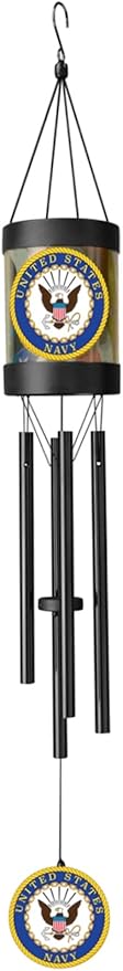 Red Carpet Studios Outdoor Chimes Black Metal Military LED Solar Wind Chime, 30" Long, Navy